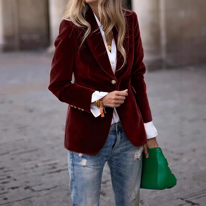 Women's Tailored Velvet Blazer with Notched Lapels and Decorative Buttons Drune