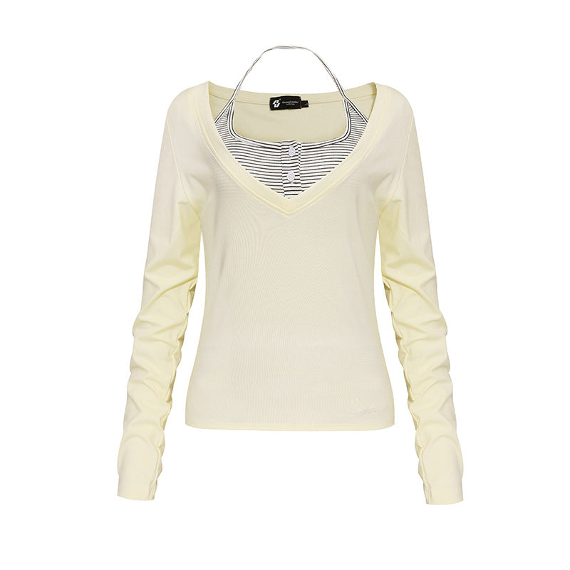 Women's long sleeve shirt with double layer effect, deep V-neck and striped insert Mune Fashion