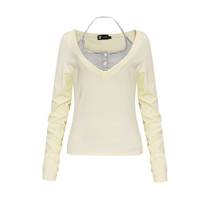 Women's long sleeve shirt with double layer effect, deep V-neck and striped insert Mune Fashion