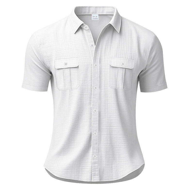 Men's structured short sleeve shirt in linen gauze look with flap pockets and rounded hem Mune Fashion