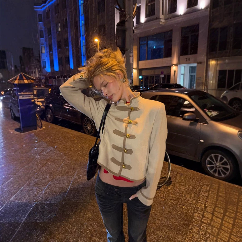 Women's Short Military-Inspired Jacket with Stand-Up Collar and Decorative Button Placket Mune Fashion