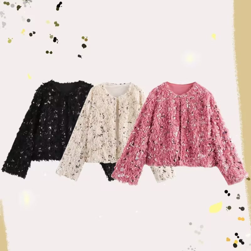 Women's Cropped Jacket made of fluffy Faux Fur with sequin trim Mune Fashion