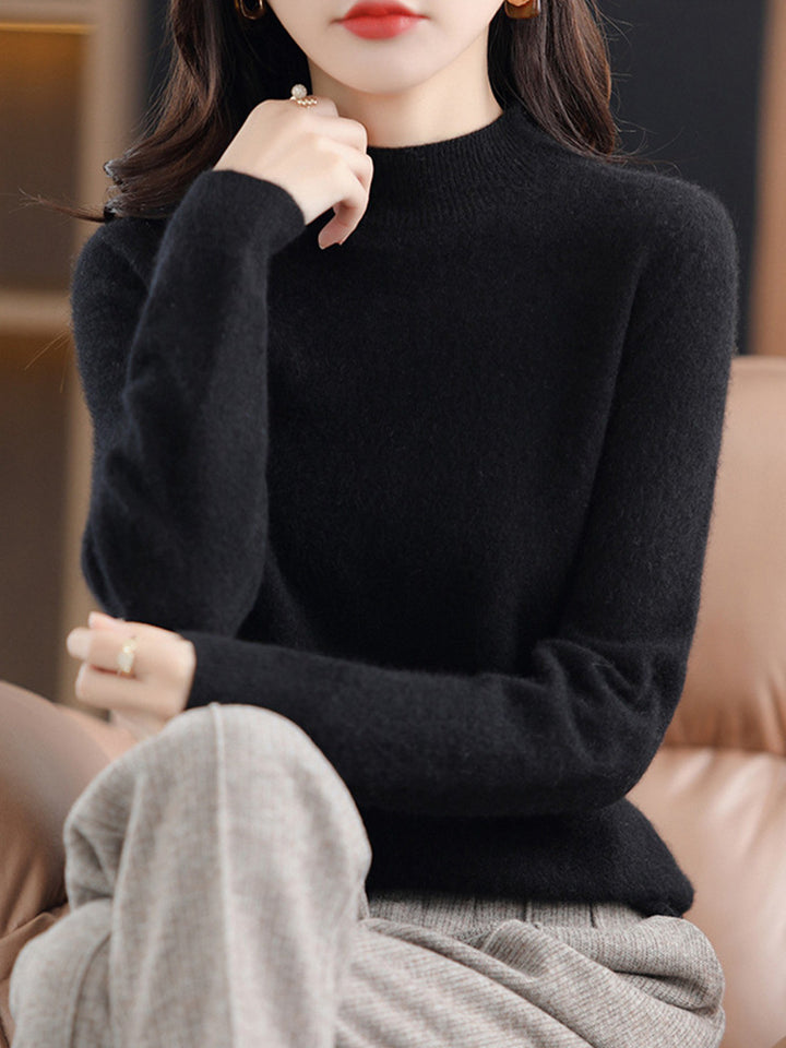 Women's Short Mock Neck Sweater in Cashmere Look with Light Fuzzy Texture Mune Fashion