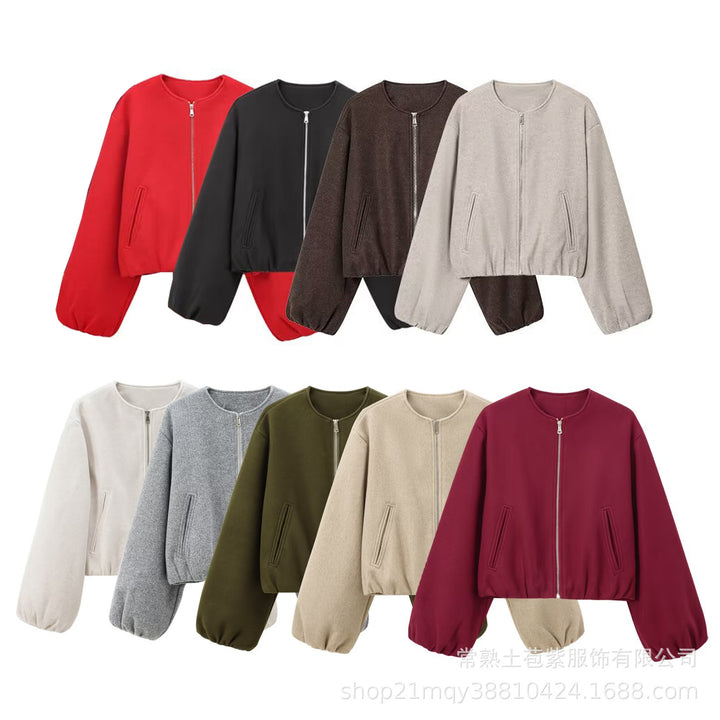 Women Short Bomber Jacket with Round Neck, Zipper and Elastic Hem Mune Fashion