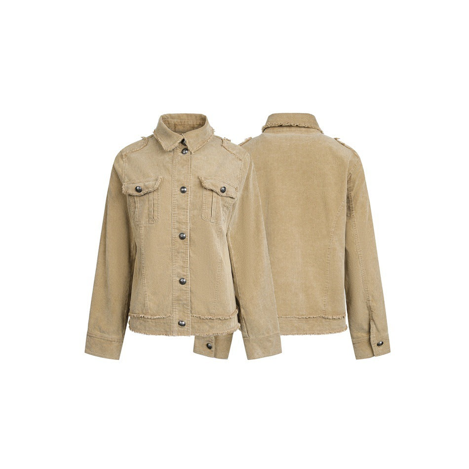 Women's short cord jacket with fringing, shirt collar and flap pockets Mune Fashion