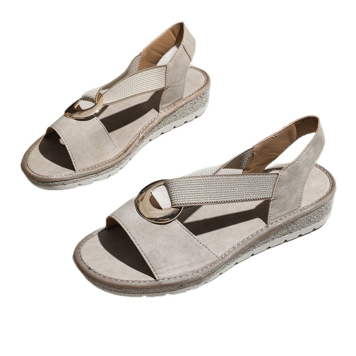 Women's Comfortable Wedge Sandals with Toe Post, Elastic Strap and Decorative Metal Ring Mune Fashion