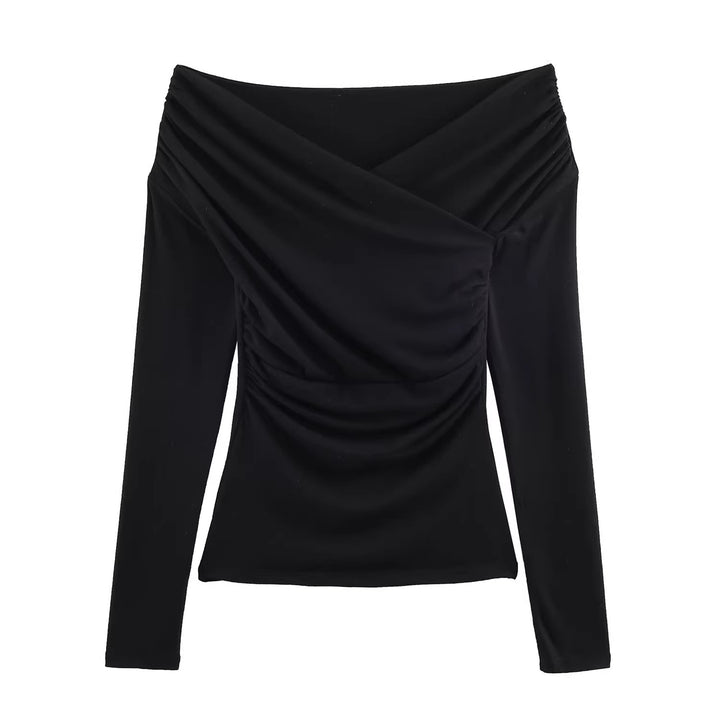 Women Off-Shoulder Gathered Long Sleeve Top with Wrap Draping Mune Fashion