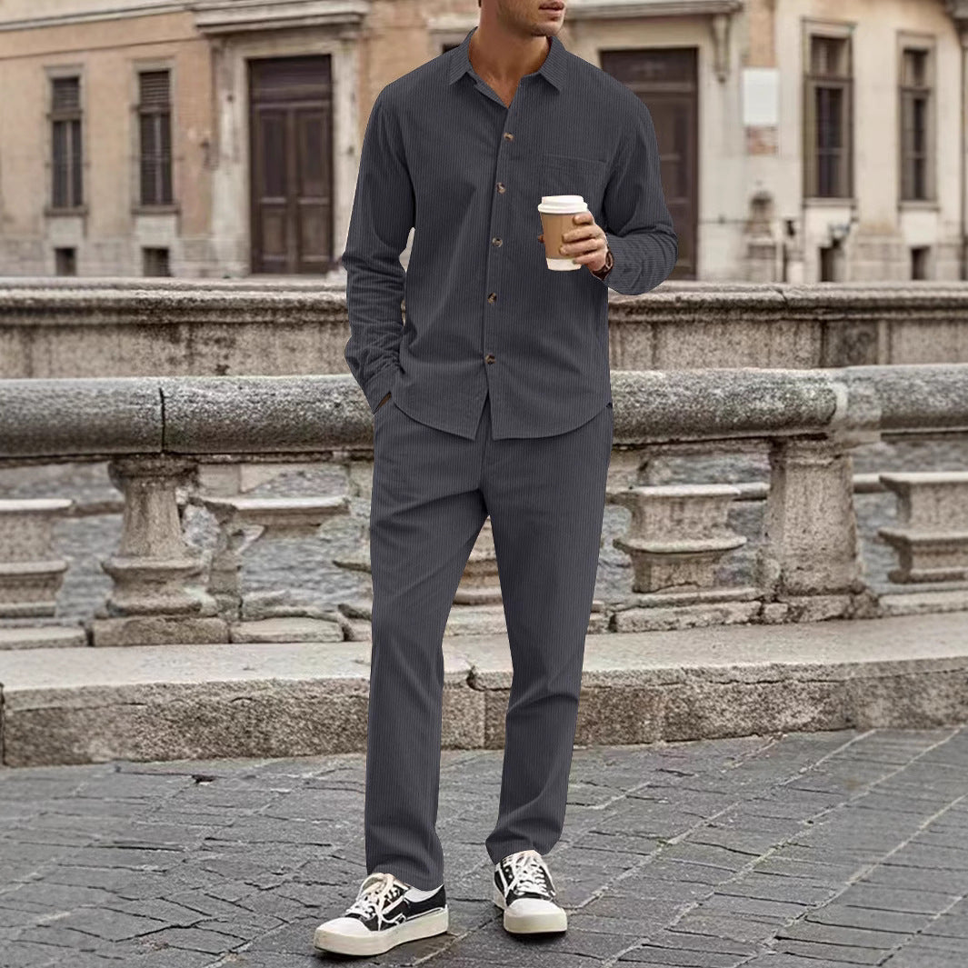 Men's casual shirt-pants two-piece set made of fine corduroy with chest pocket and straight fit Mune Fashion