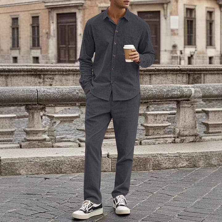 Men's casual shirt-pants two-piece set made of fine corduroy with chest pocket and straight fit Mune Fashion