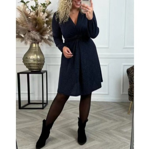 Women's knee-length V-neck dress with gathered waistband made of lightweight glossy knit Mune Fashion