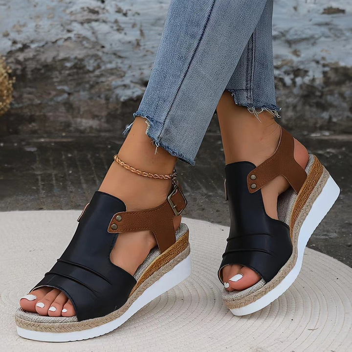 Women's wedge sandals with jute-wrapped espadrille platform, adjustable heel strap, and padded comfort footbed Mune Fashion