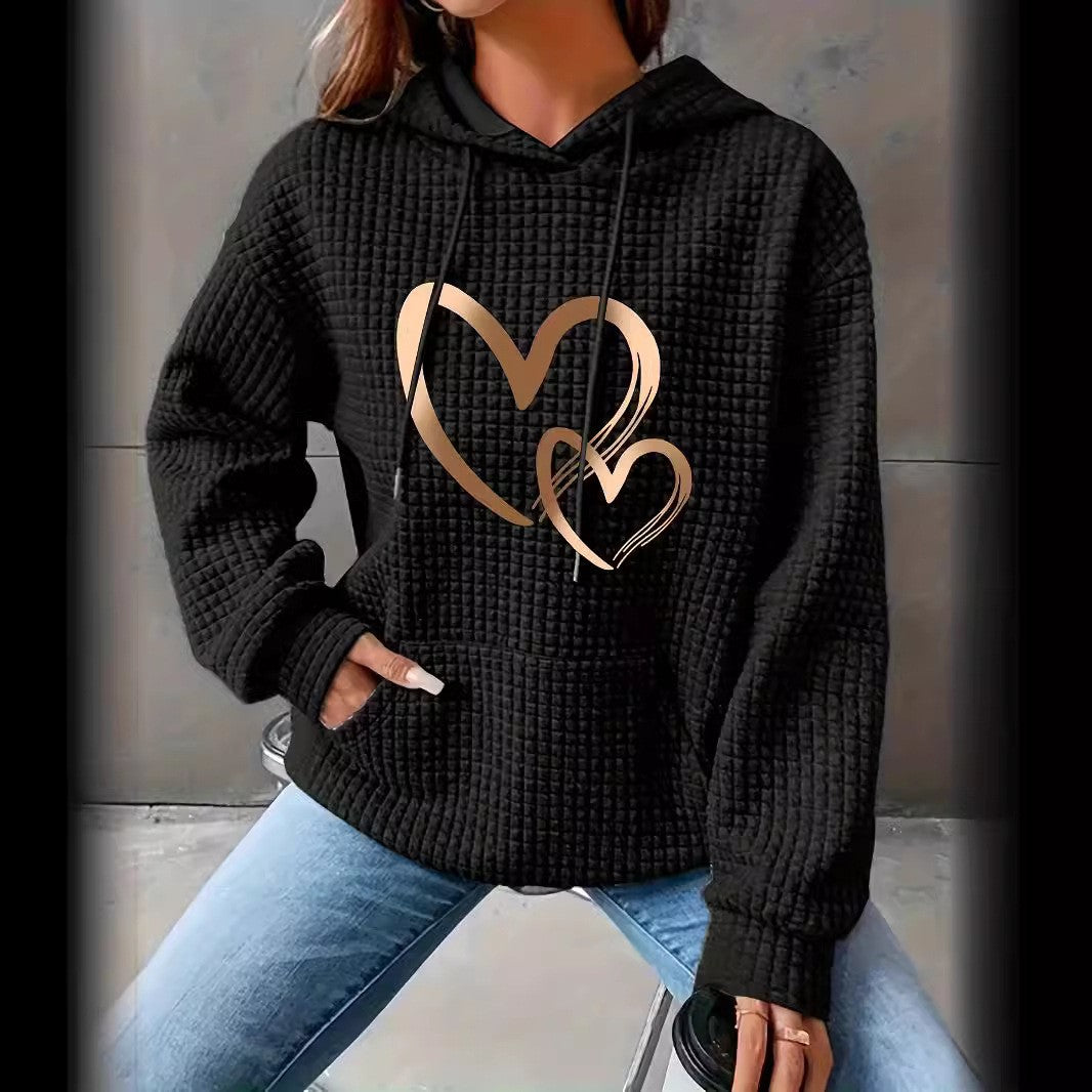 Women's hooded sweatshirt with waffle structure, kangaroo pocket and metallic heart print Mune Fashion