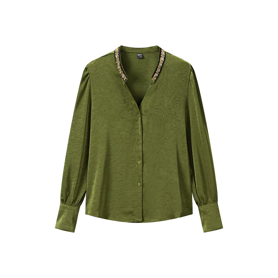 Women's Shimmering Blouse with Decorated Jewelry Collar and Gathered Balloon Sleeves Mune Fashion