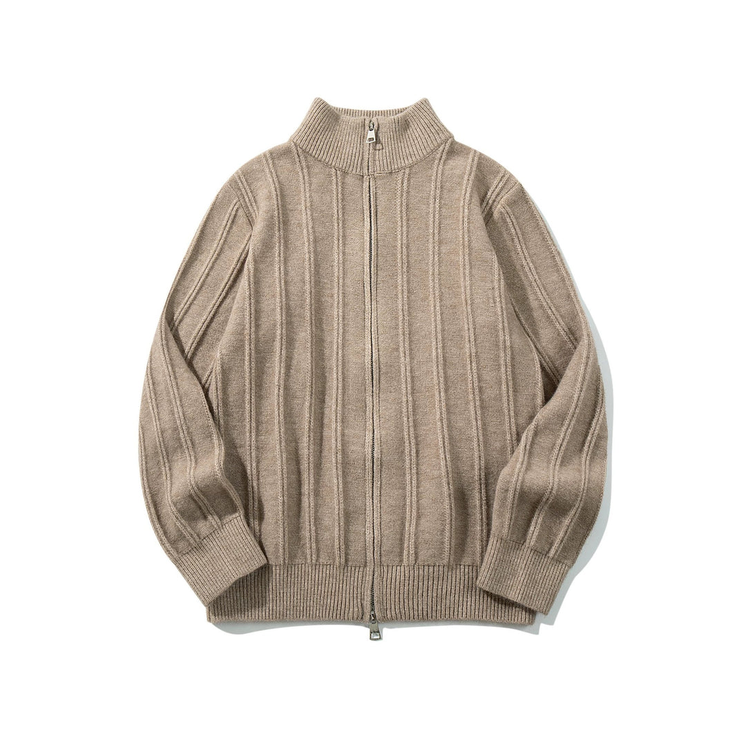 Unisex Gathered Knit Zip Jacket with High Stand-up Collar and Vertical Structure Mune Fashion