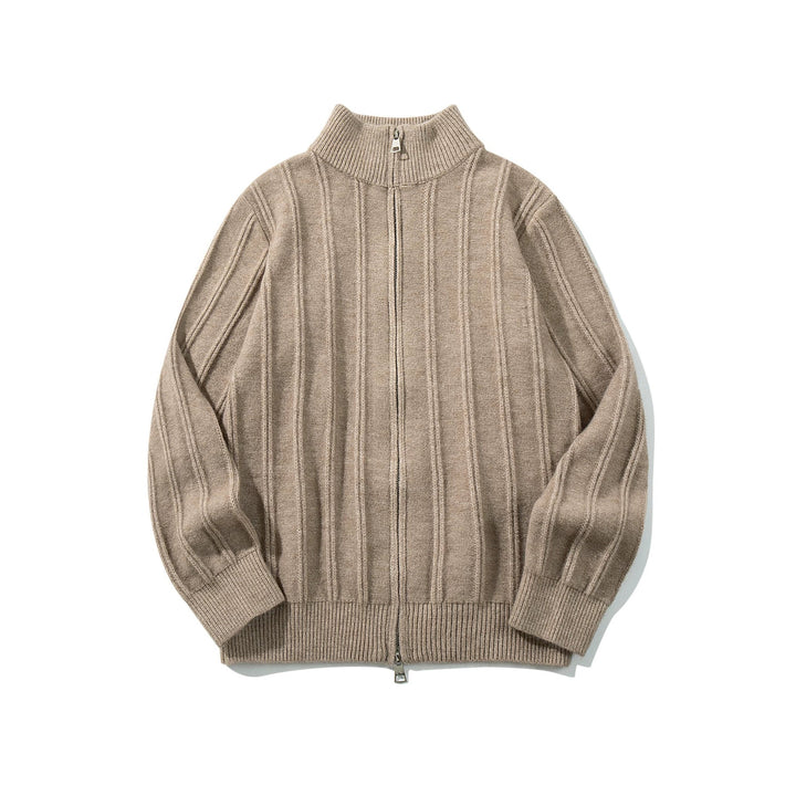 Unisex Gathered Knit Zip Jacket with High Stand-up Collar and Vertical Structure Mune Fashion