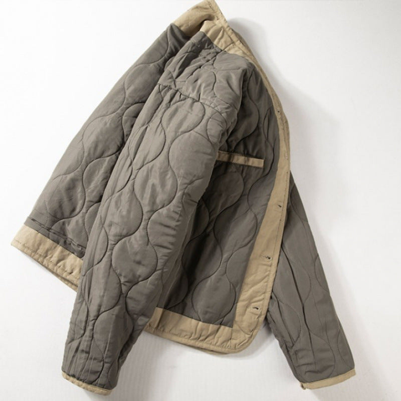 Men's light quilted collarless transitional jacket with button placket and patch pockets Mune Fashion
