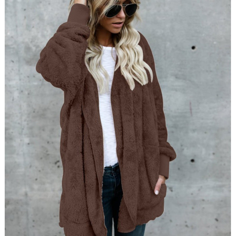 Women's Oversize Teddy Fleece Coat with Open Front, Side Pockets, and Ribbed Cuffs Mune Fashion