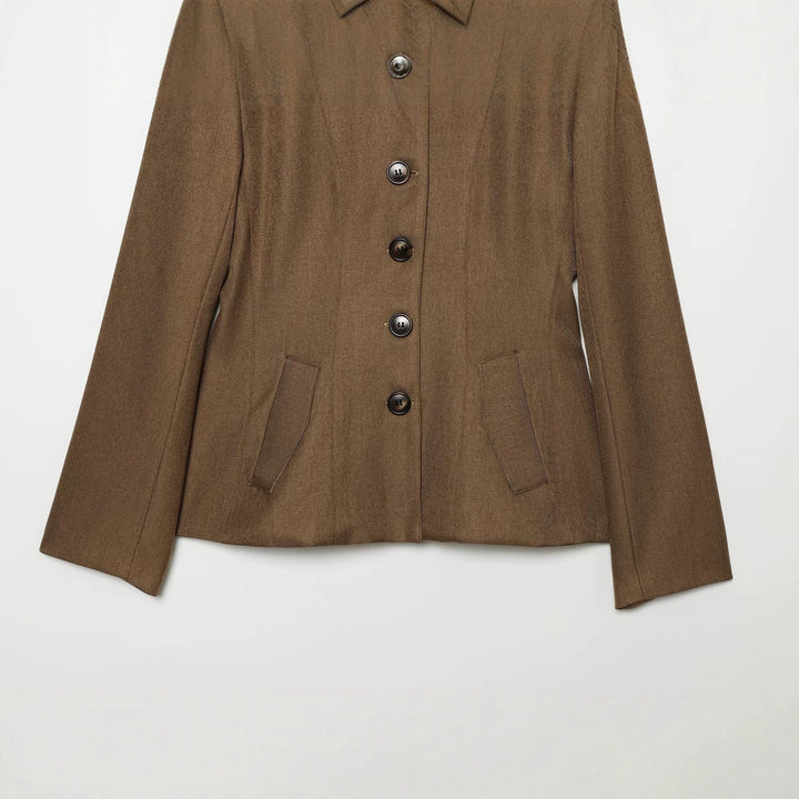Women's Tailored Wool Blazer with Stand Collar and Decorative Button Placket Mune Fashion