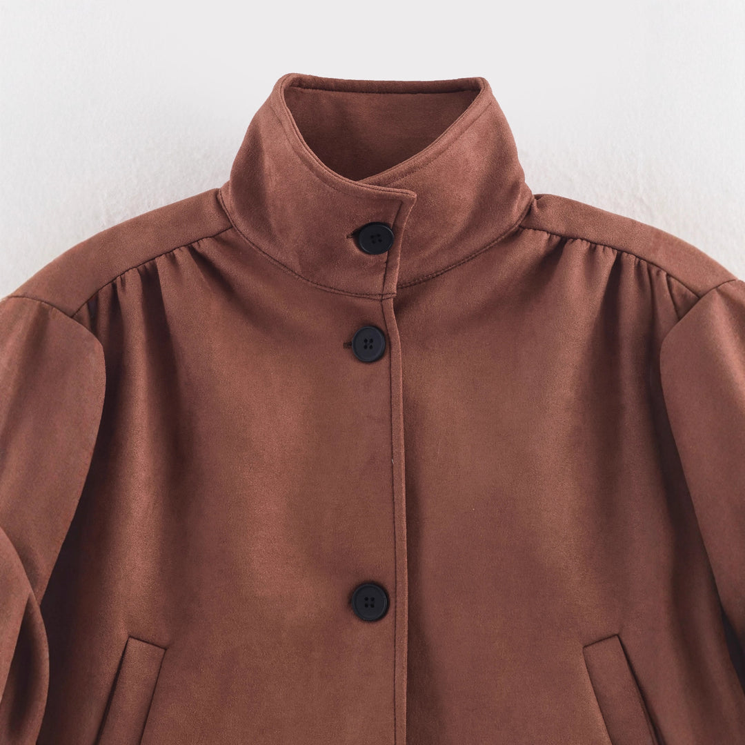 Women's short-cut suede-look jacket with stand-up collar, balloon sleeves, and pocket flaps Mune Fashion