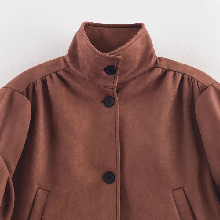 Women's short-cut suede-look jacket with stand-up collar, balloon sleeves, and pocket flaps Mune Fashion
