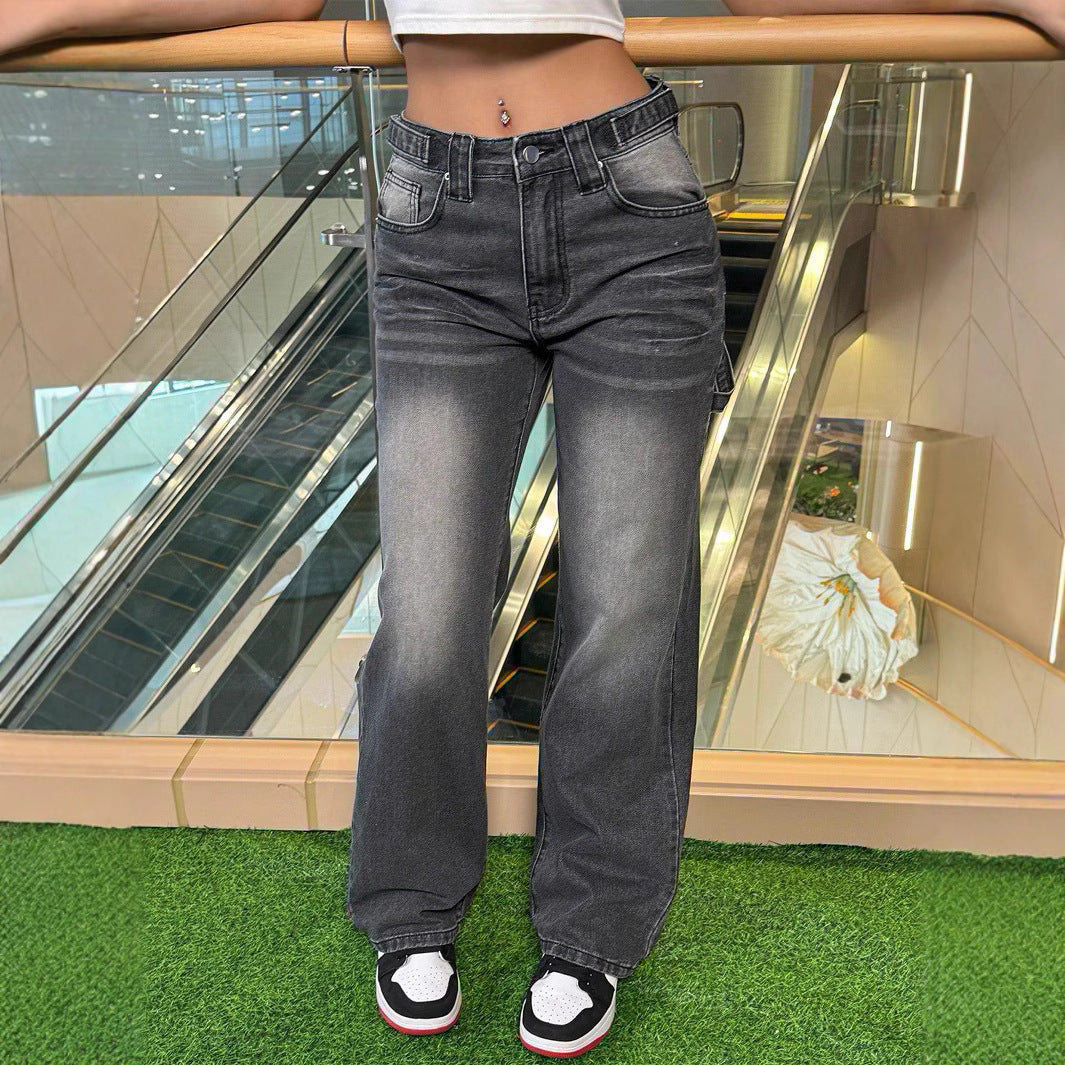 Women's High-Waisted Casual Wide-Leg Denim Pants with Vintage Wash and Extra Length Mune Fashion
