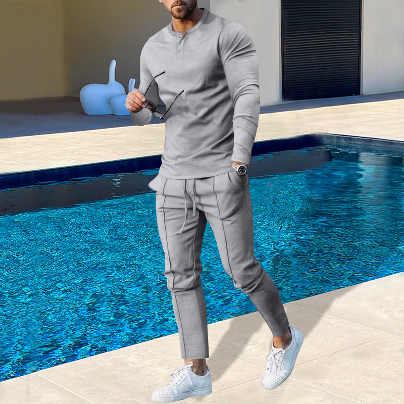 Men's nano athletic Henley long sleeve shirt and tapered jogging pants with decorative seams Mune Fashion