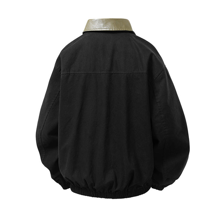 Men's Boxy Coach Jacket in minimalist layering style with contrasting faux leather collar, snap button closure & elastic hem Mune Fashion