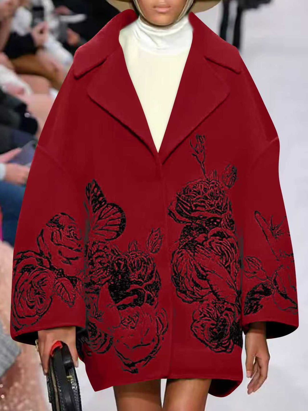 Ladies Oversized Wool Blend Coat with Floral Print and Embroidery Look Mune Fashion