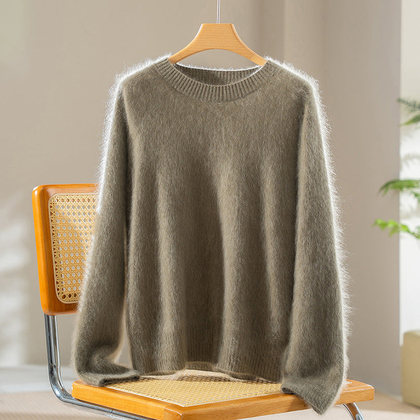 Women's Fluffy Angora Blend Round Neck Sweater Mune Fashion