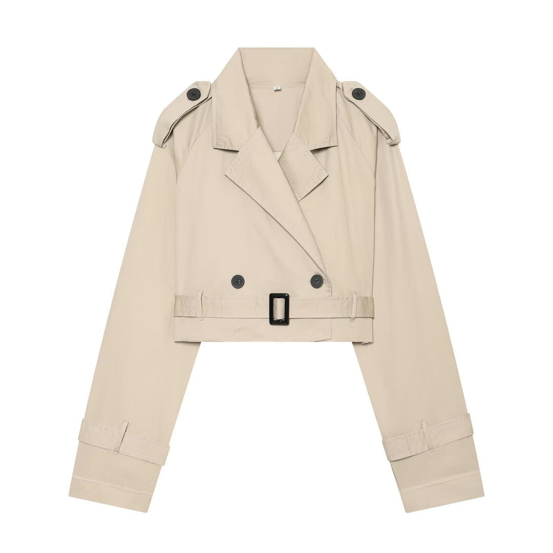 Women's short blouson trench coat with double-breasted button placket, shoulder epaulets, and waist belt Mune Fashion