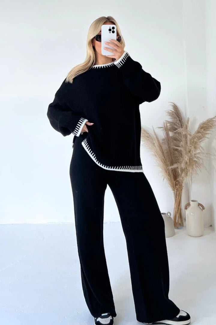 Ladies casual knitted loungewear with oversized sweater and wide knitted pants Mune Fashion