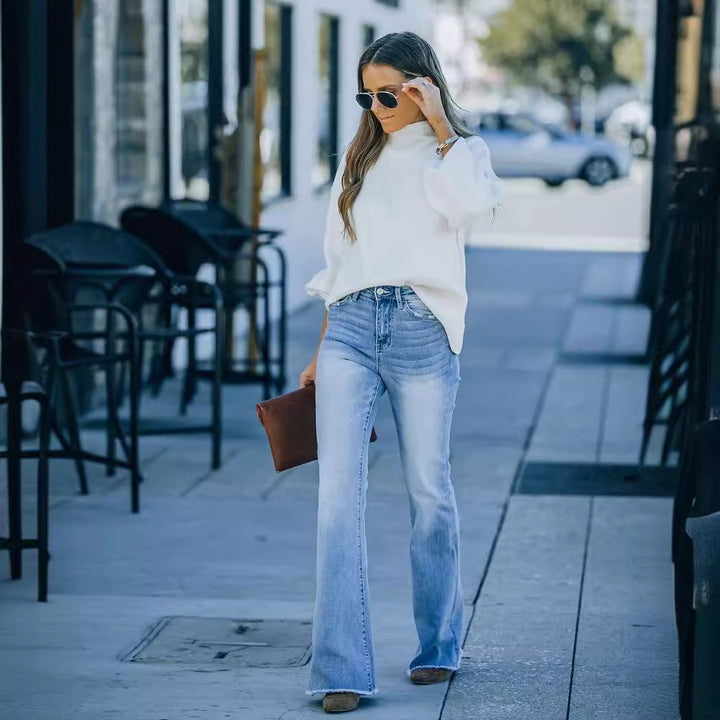 Ladies nan high waist flared jeans with open hem and figure-enhancing fit Mune Fashion