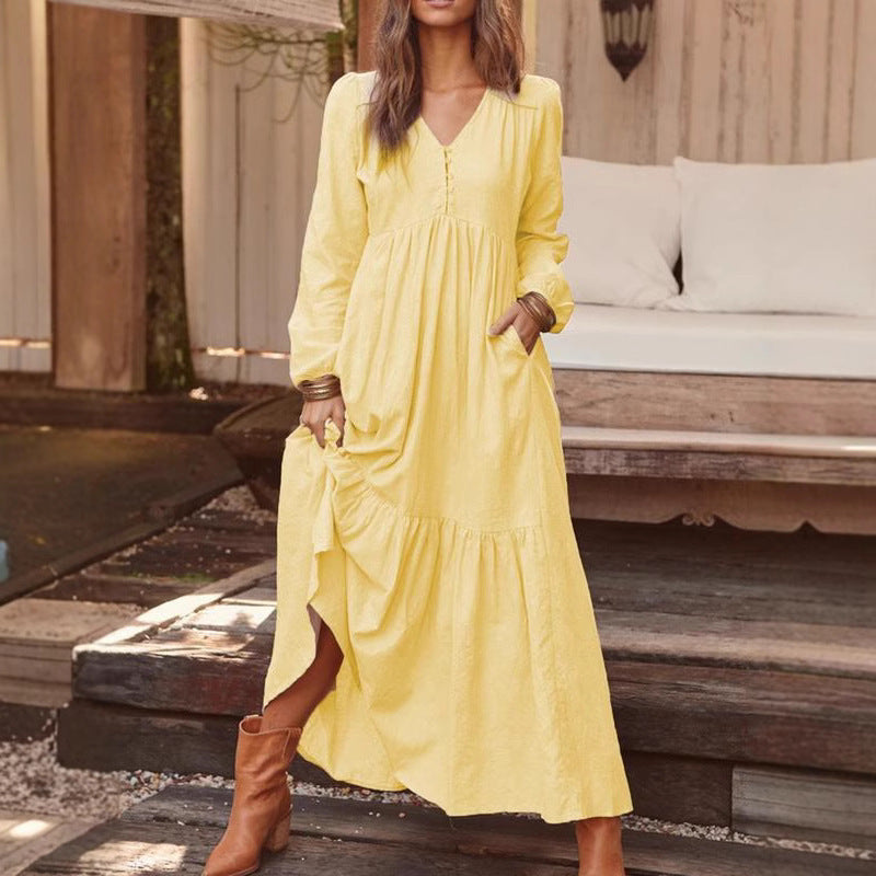 Ladies Long Tiered Dress made of Linen Blend with V-Neck and Side Pockets Mune Fashion