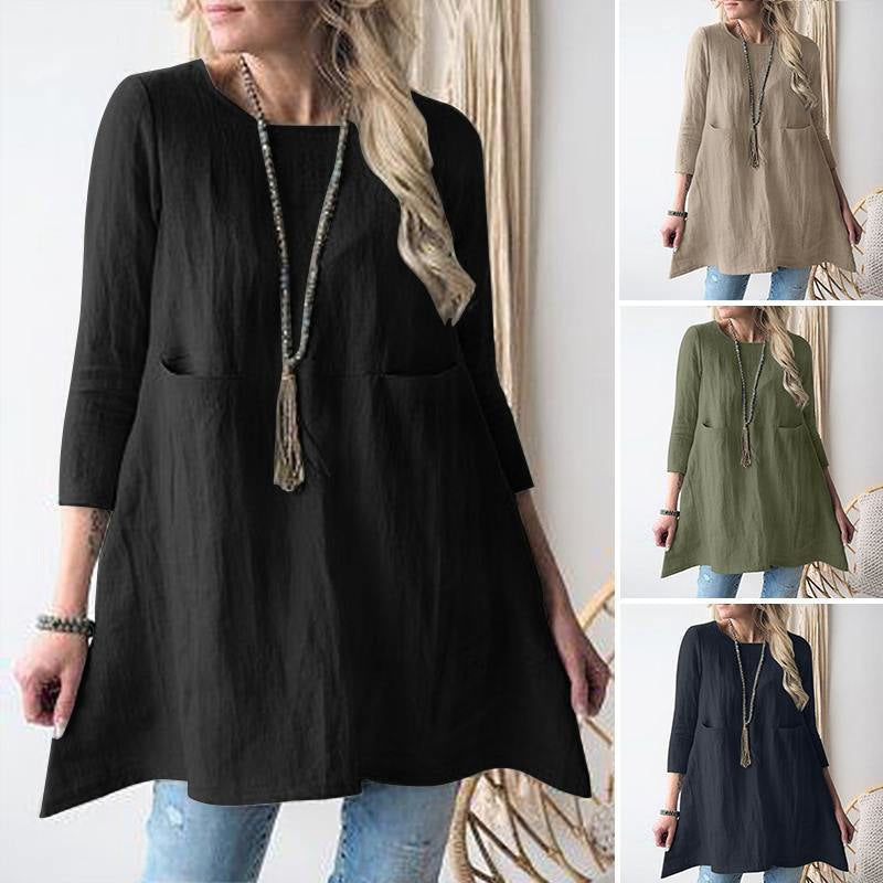 Women's Casual A-Line Tunic with Three-Quarter Sleeves and Pockets Mune Fashion