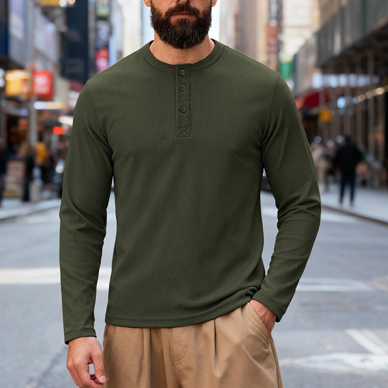 Men's nan Thermo-Henley-Long Sleeve Shirt with Waffle Structure, Round Neckline and Button Placket Mune Fashion