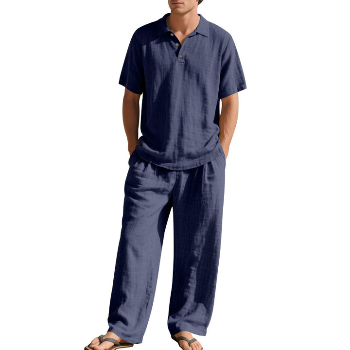 Men's airy linen ensemble with polo collar and adjustable waistband pants Mune Fashion