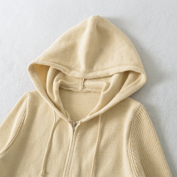 Women's Short Hooded Cardigan with Zipper and Fitted Ribbed Hem Mune Fashion