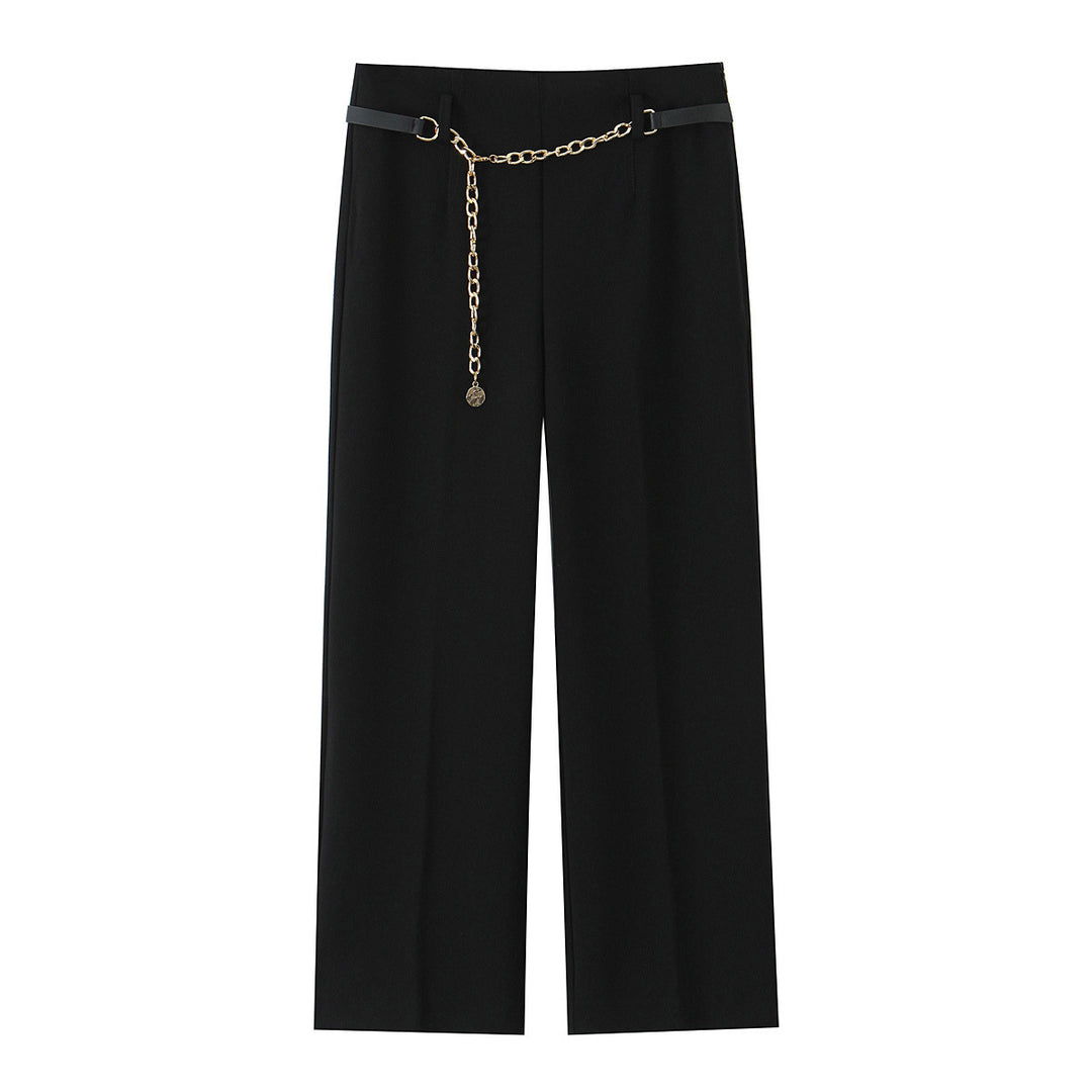 Women Elegant-wide cut suit pants with crease and decorative chain belt Mune Fashion