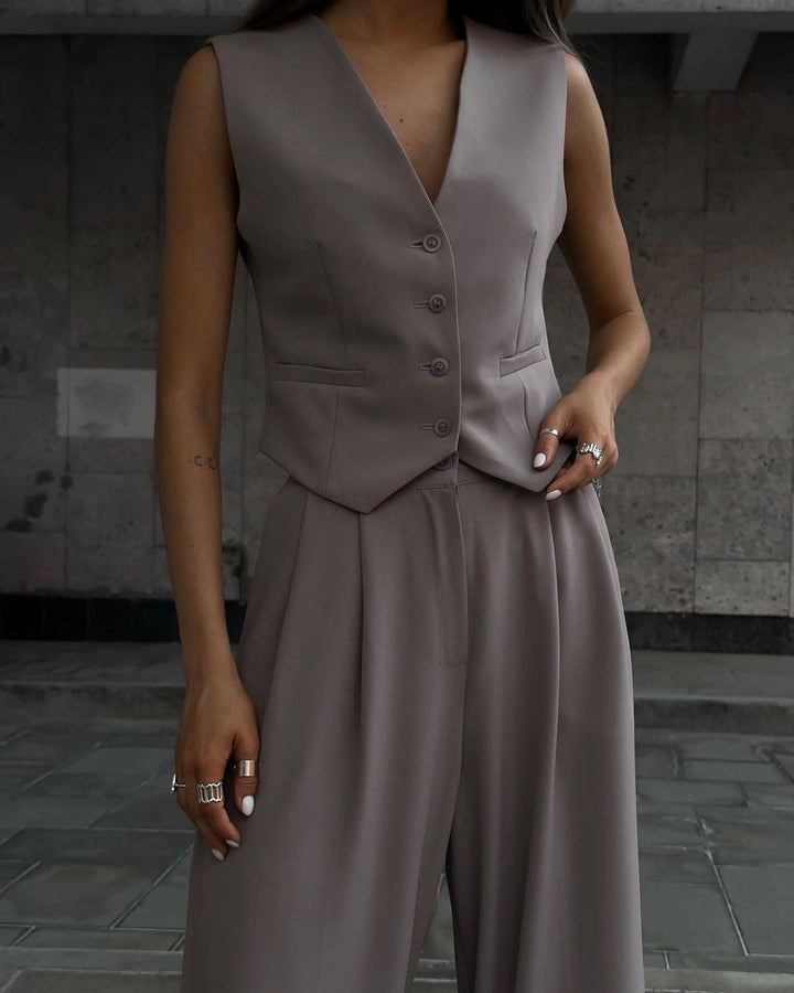 Mune Fashion | Neckline Sleeveless Vest with Wide Leg Pantsuit
