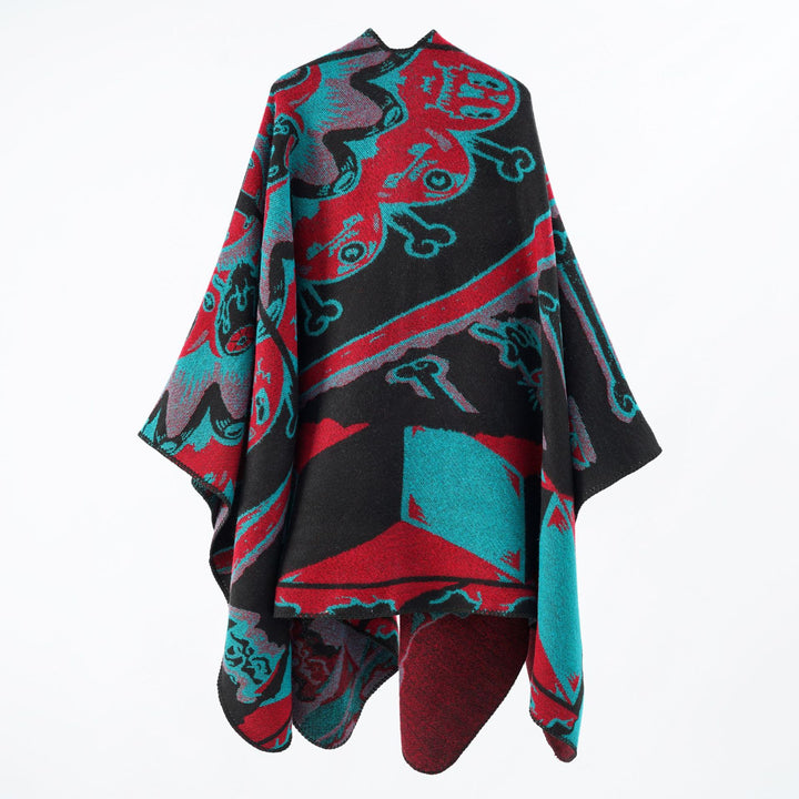 Women's Jacquard Cape Poncho with Musical Ornament and Rolled Edge Mune Fashion