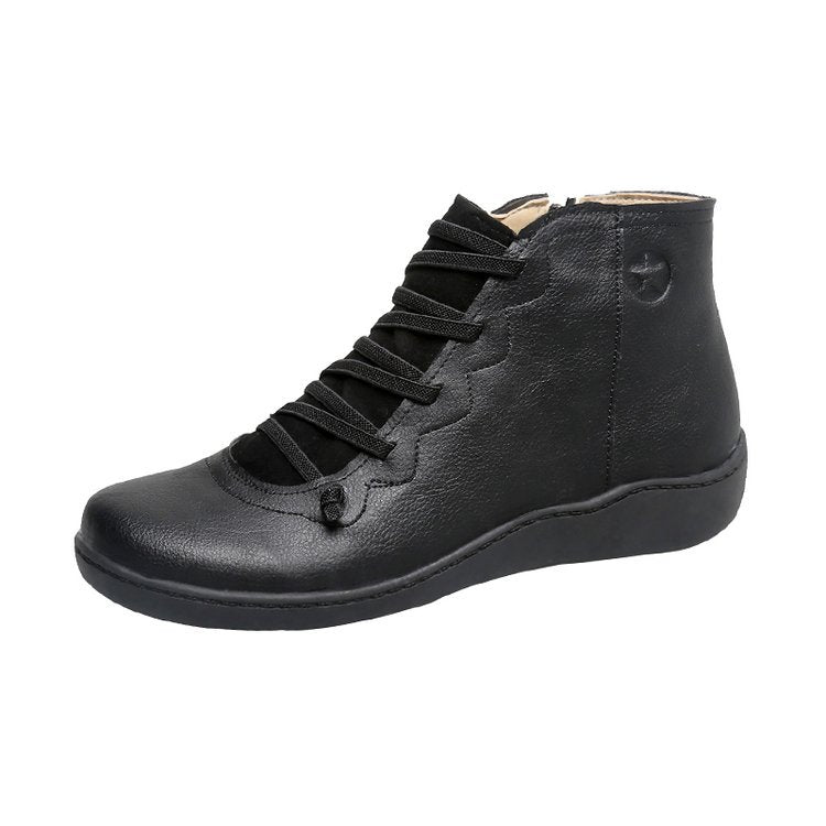 Women's ankle-high soft leather sneaker boots with side zipper, elastic decorative lacing, and ergonomic comfort sole Mune Fashion