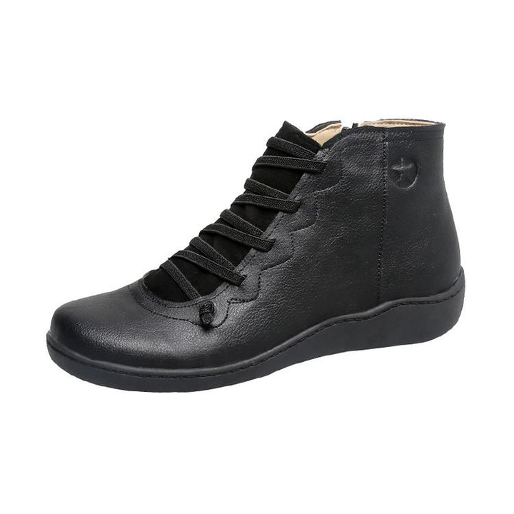 Women's ankle-high soft leather sneaker boots with side zipper, elastic decorative lacing, and ergonomic comfort sole Mune Fashion