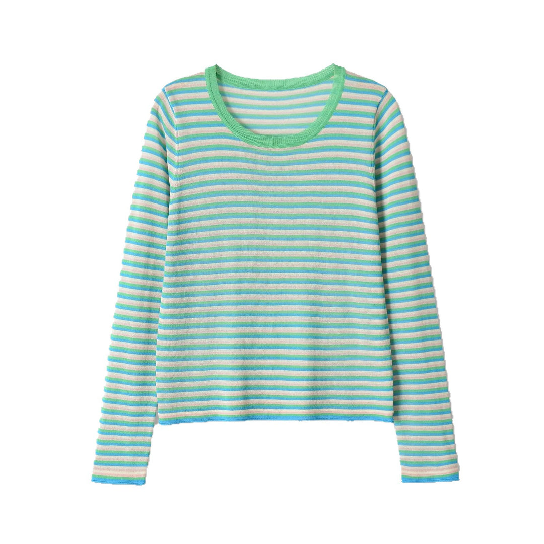 Women's Striped Fine Knit Long Sleeve with Round Neck and Cropped Boxy Cut Mune Fashion