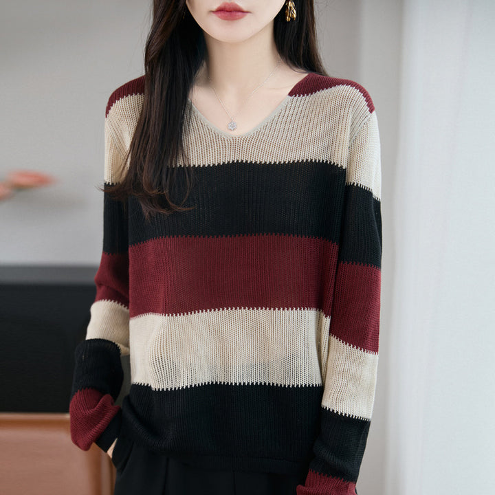 Women Light V-Neck Fine Knit Sweater with Wide Block Stripes and Relaxed Fit Mune Fashion