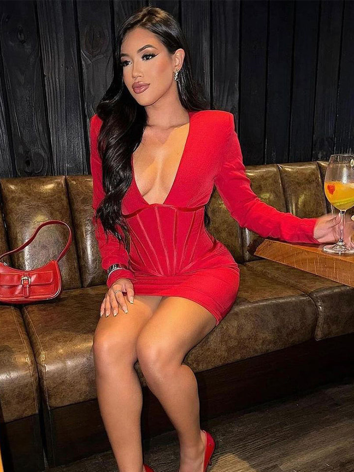 Women's Figure-Hugging Mini Dress with Integrated Corset and Deep V-Neck Mune Fashion
