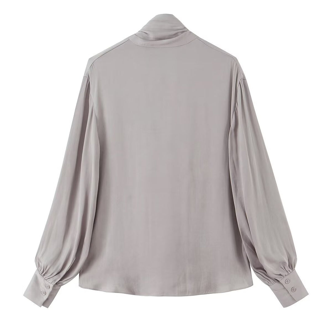 Women's Silk-like Pullover Blouse with Ties and Balloon Sleeves Mune Fashion
