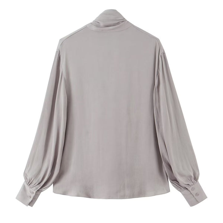 Women's Silk-like Pullover Blouse with Ties and Balloon Sleeves Mune Fashion