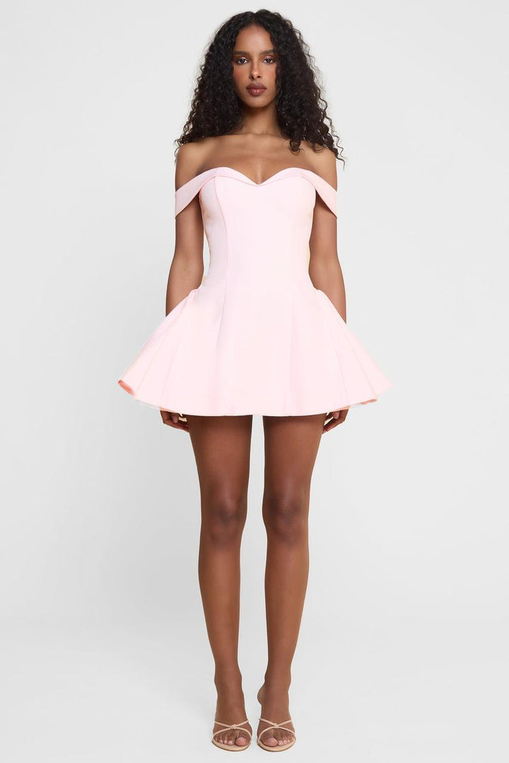 Women's short off-the-shoulder A-line dress with heart neckline, fitted bodice and side pockets Mune Fashion