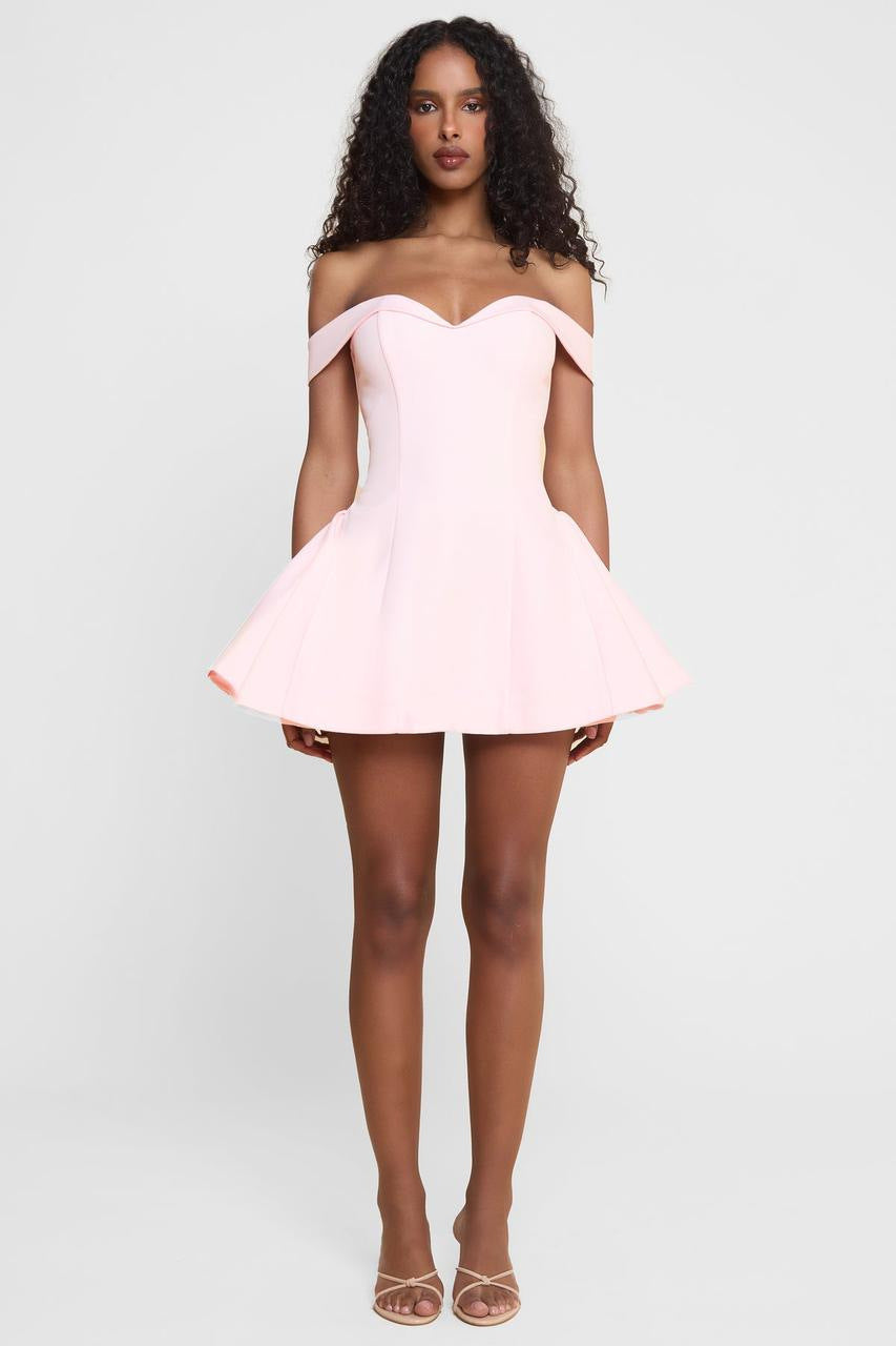 Women's off-the-shoulder fitted skater dress with heart-shaped neckline and side pockets Mune Fashion