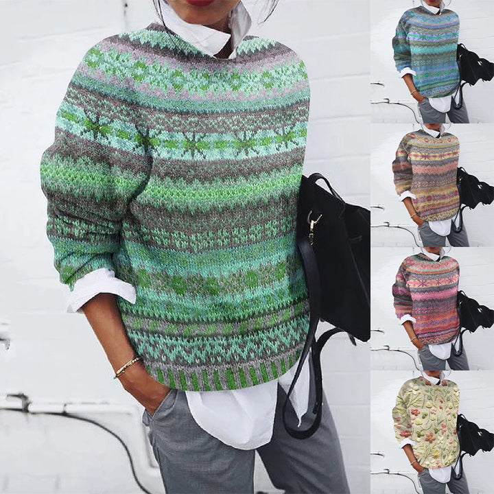 Women Loose Fair Isle Knit Sweater with Round Neck
